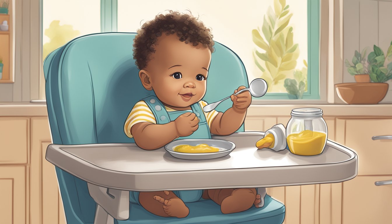 A baby sitting in a high chair with a bib on, eagerly reaching for a spoonful of Amara organic baby food being offered by a caregiver