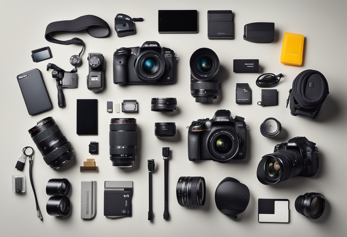 A digital camera surrounded by various accessories and tips, such as lenses, tripods, memory cards, and lens cleaning tools, arranged on a clean, well-lit surface