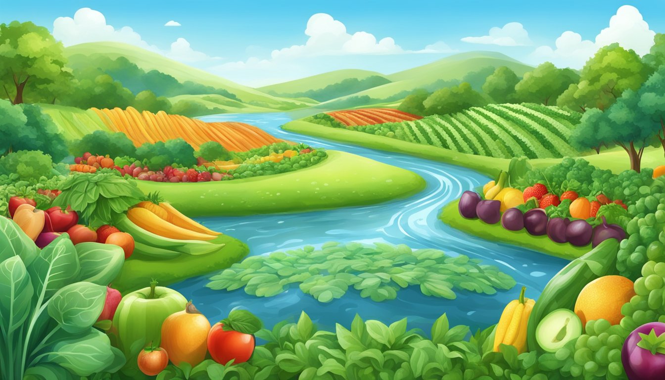 A lush green field with a variety of colorful fruits and vegetables growing, surrounded by clean, flowing water and a clear blue sky overhead