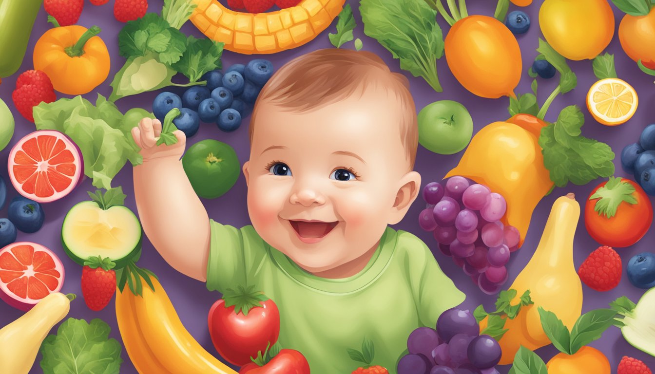 A smiling baby reaching for a colorful array of Amara organic baby food pouches, surrounded by vibrant fruits and vegetables