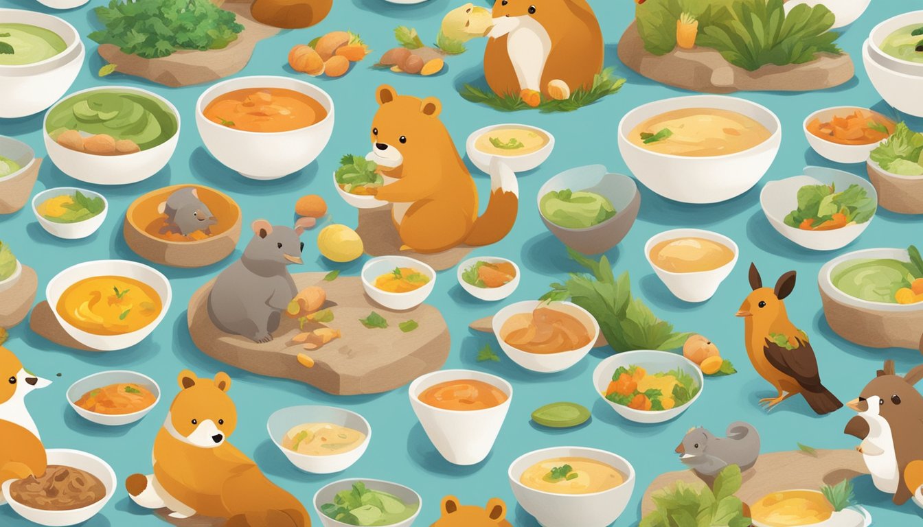 A variety of animals eating Amara organic baby food from separate bowls