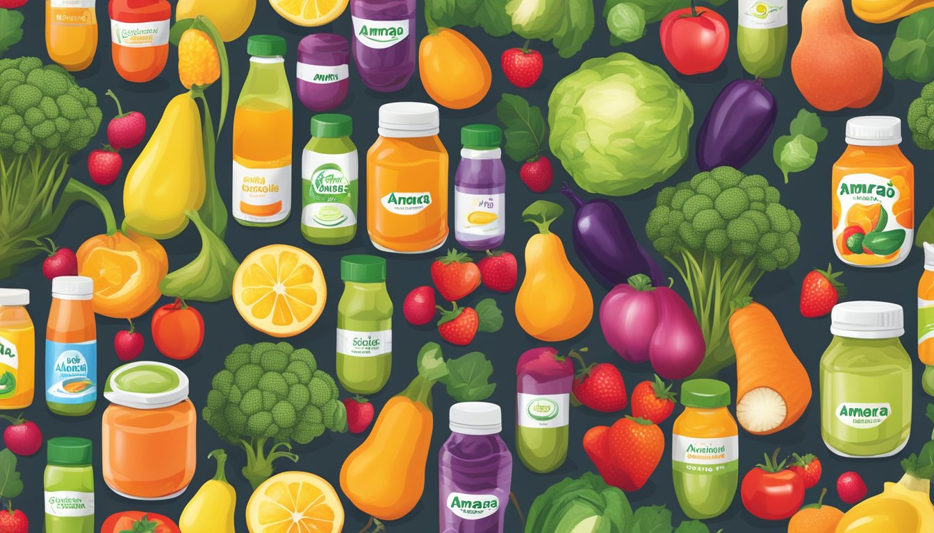 A colorful array of fresh fruits and vegetables arranged in a vibrant display, with amara organic baby food standing out among other baby food brands