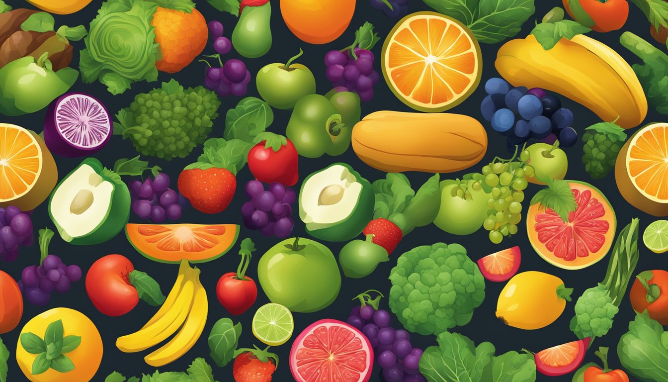 A colorful array of fresh fruits and vegetables arranged in a vibrant, enticing display