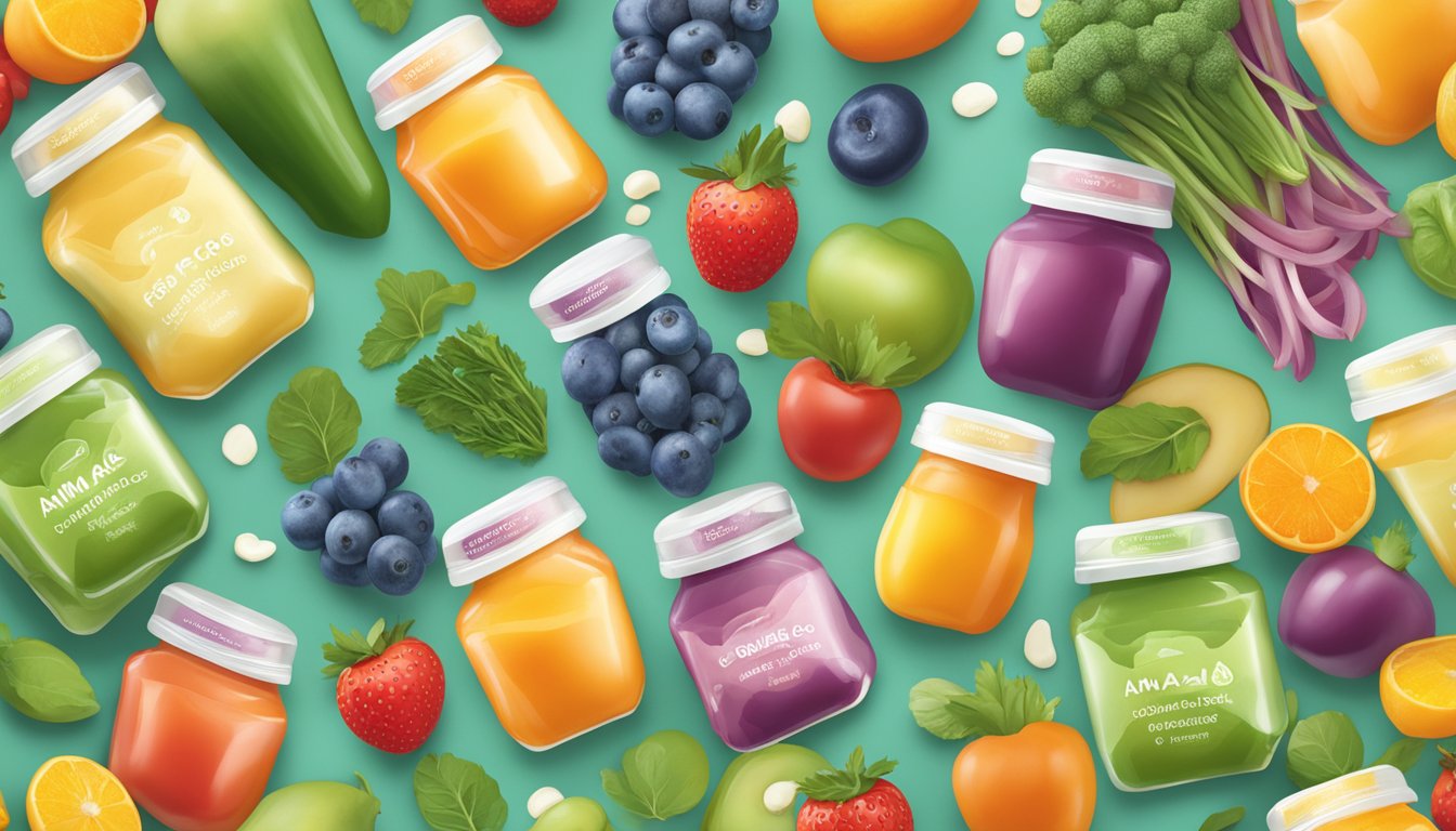 A colorful array of amara organic baby food pouches surrounded by fresh fruits and vegetables