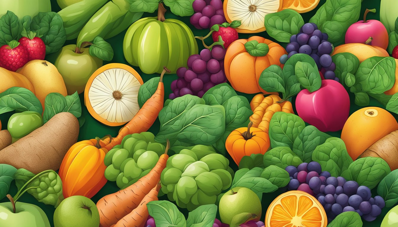 A colorful array of organic fruits and vegetables, such as apples, sweet potatoes, and spinach, arranged in a vibrant and appetizing composition