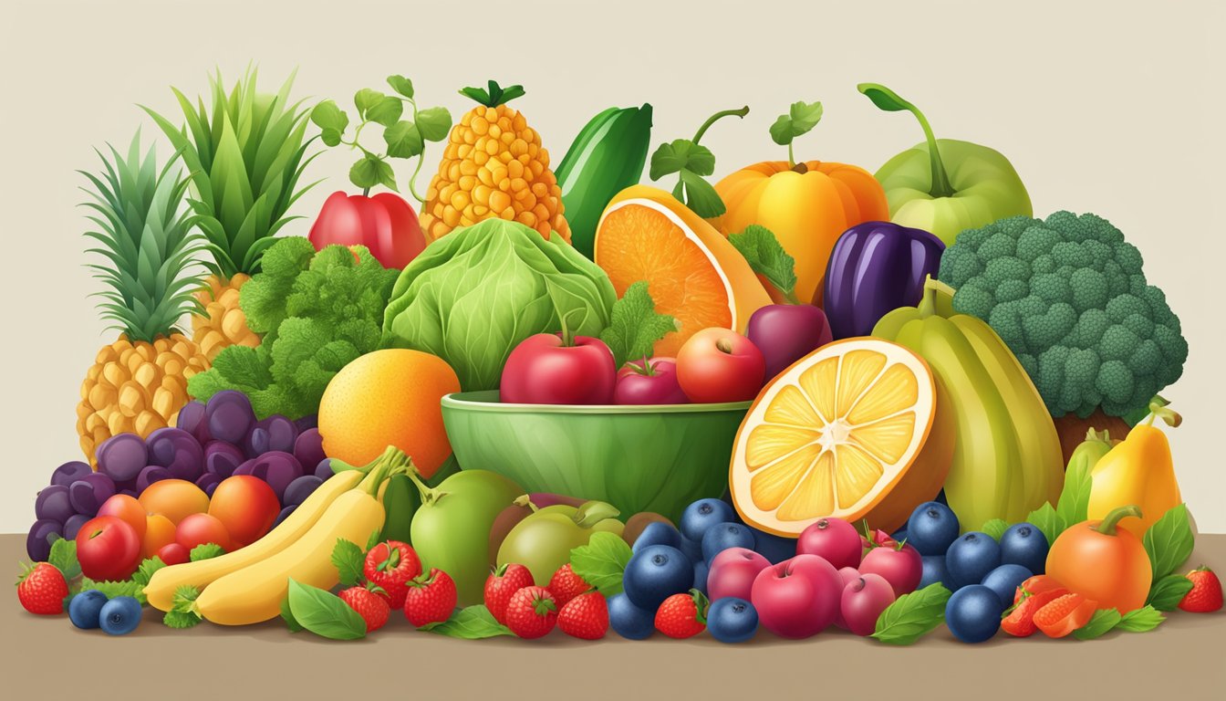 A variety of colorful fruits and vegetables arranged in a balanced and nutritious composition