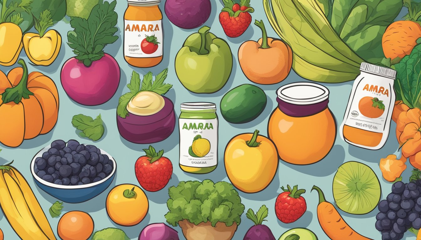 A colorful array of fruits and vegetables arranged on a table, with an open jar of Amara organic baby food in the center