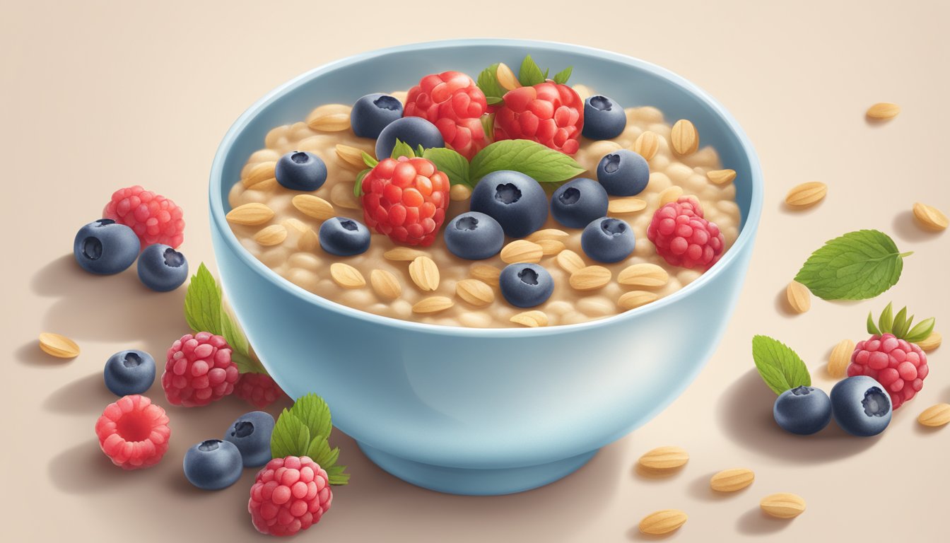 A bowl of Amara organic oats and berries baby food cereal surrounded by fresh berries and oats