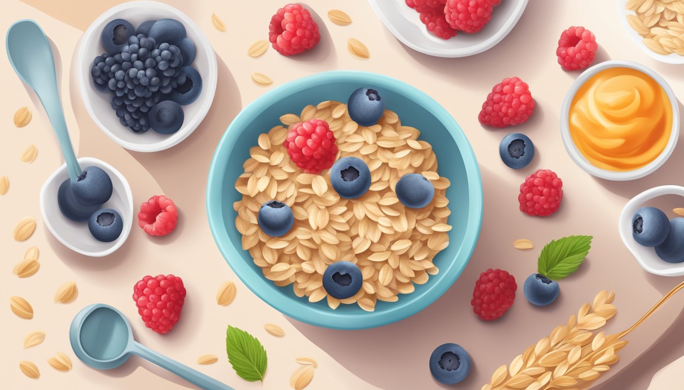 A bowl of organic oats and berries baby food cereal surrounded by fresh berries and oats