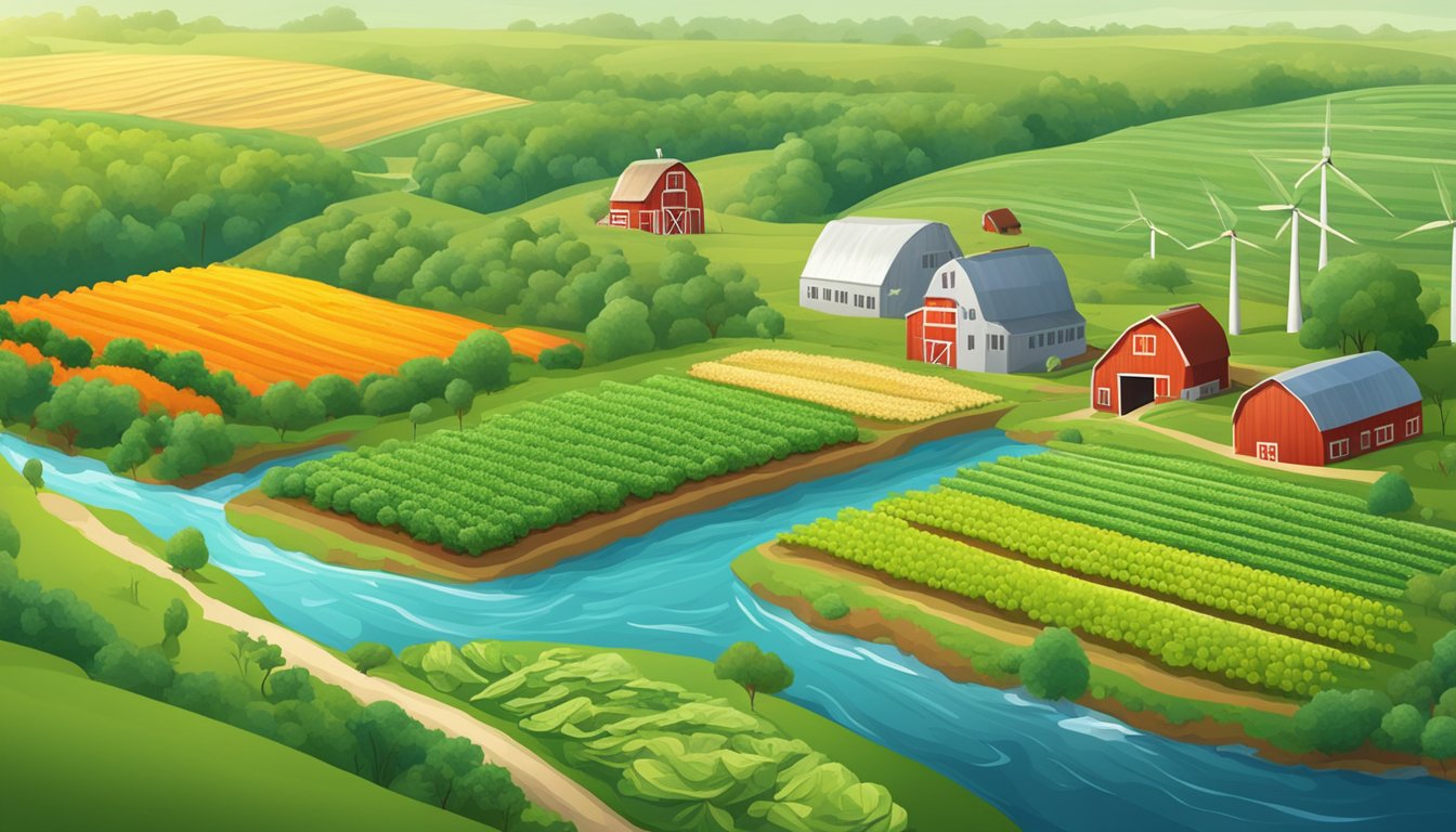 A lush, vibrant farm with rows of organic fruits and vegetables, surrounded by clean, flowing streams and wind turbines