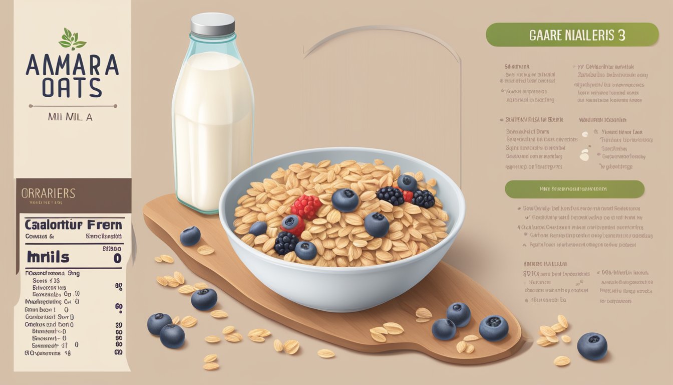 A bowl of Amara Organic Oats Berries cereal surrounded by fresh berries and a glass of milk, with a nutritional label next to it