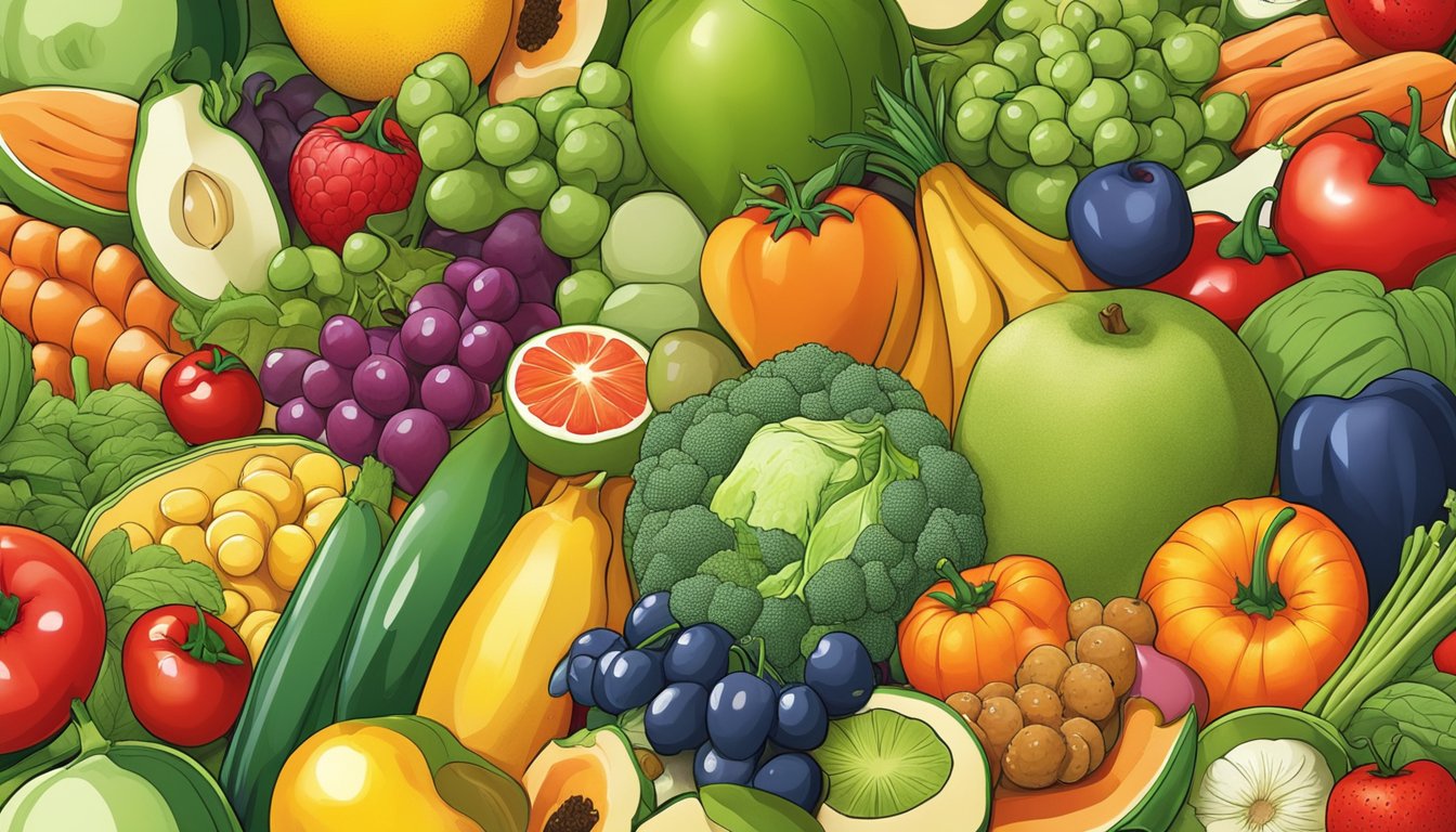 A colorful array of fresh, organic fruits and vegetables arranged in a dynamic composition, representing the evolving nutritional needs of a growing child