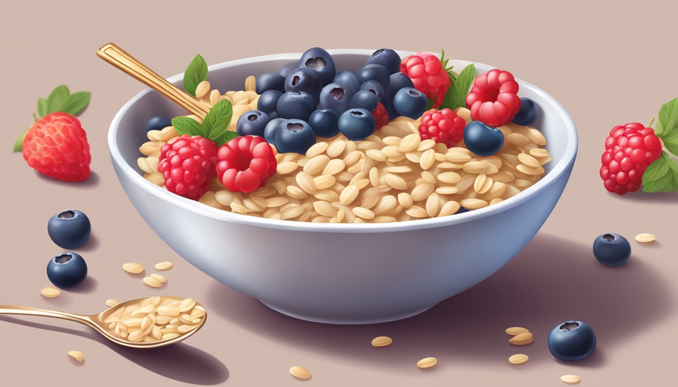 A bowl of amara organic oats berries baby food cereal surrounded by fresh berries and a spoon