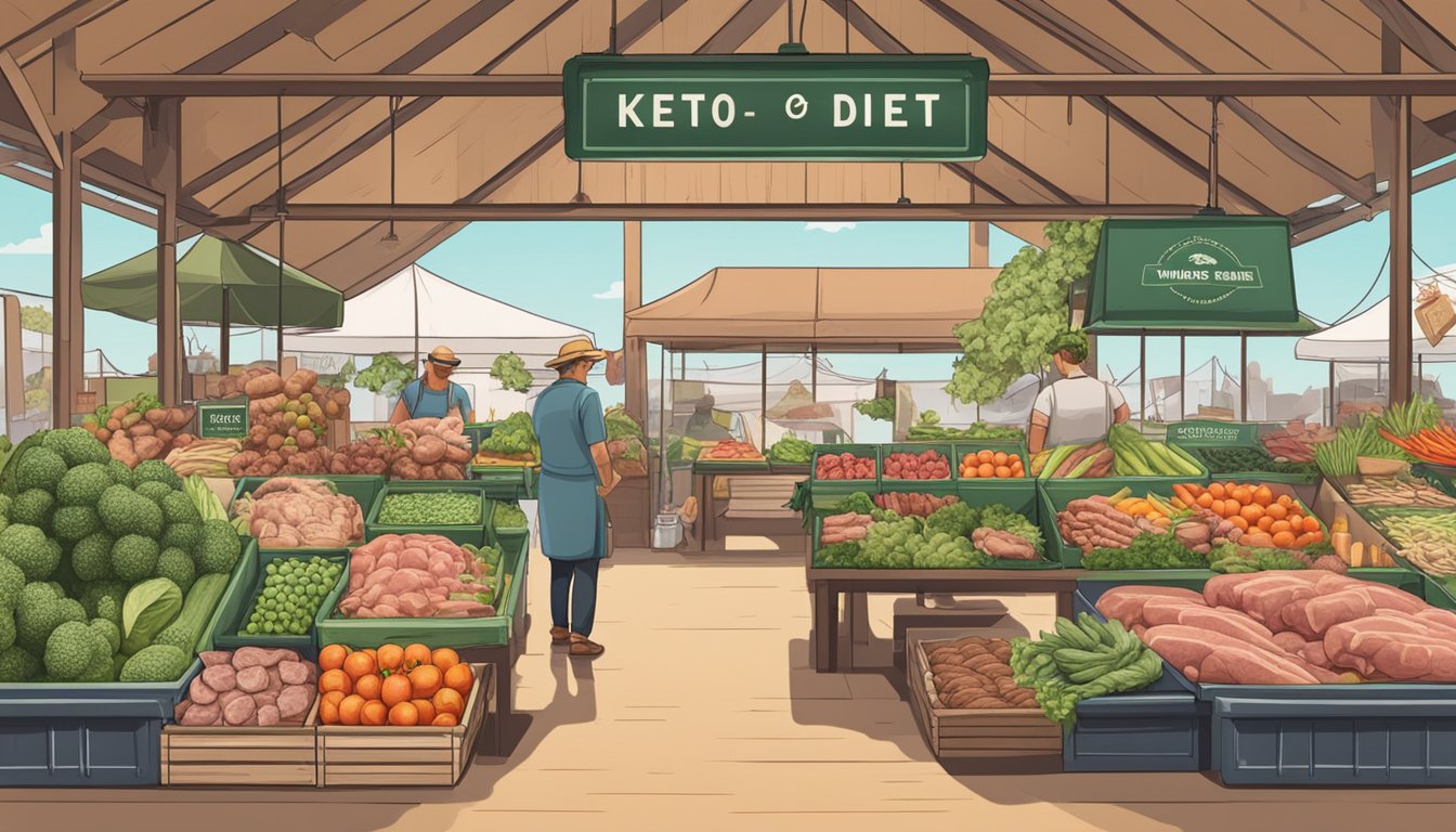 A farmer's market stall with a variety of organ meats and fresh produce, with a sign promoting ethical and sustainable keto diet options