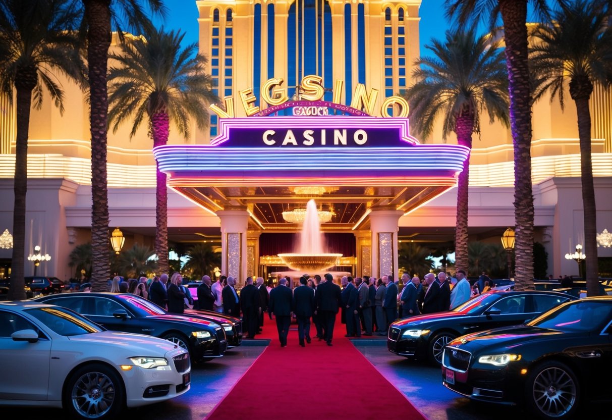 The Vegasino Casino glows with neon lights, surrounded by palm trees and luxury cars. The entrance is adorned with a grand fountain and a red carpet, while patrons eagerly line up to enter