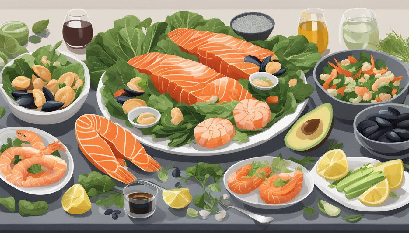 A table set with a variety of seafood such as salmon, shrimp, and mussels, alongside low-carb vegetables like spinach, avocado, and cauliflower