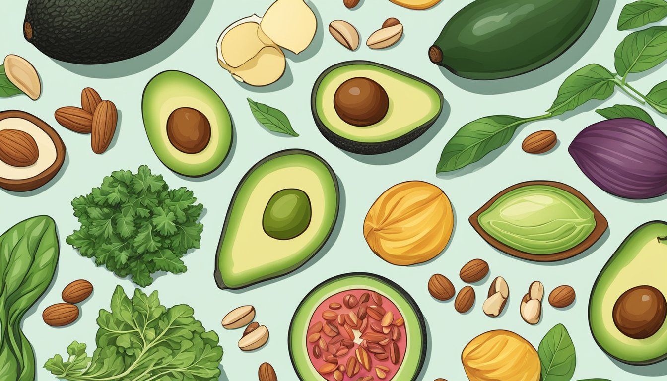 A colorful array of non-dairy keto-friendly foods, such as avocados, nuts, seeds, and leafy greens, arranged on a clean, modern kitchen counter