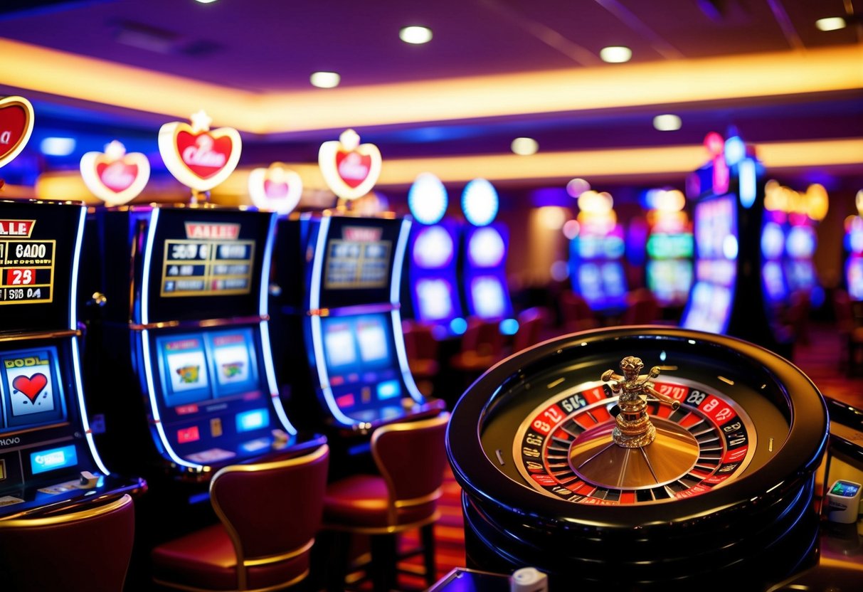 A vibrant casino floor with slot machines, card tables, and a roulette wheel, surrounded by flashing lights and a lively atmosphere