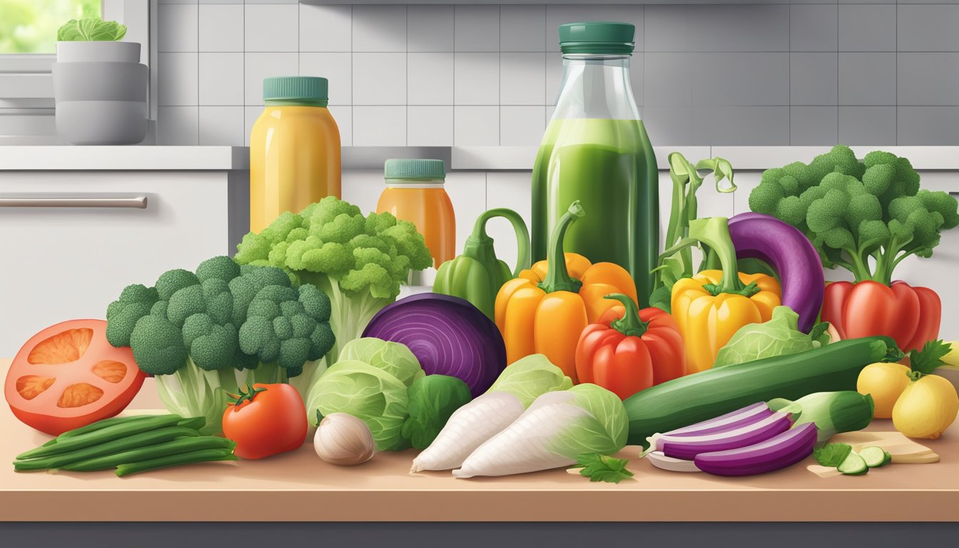 A colorful array of fresh vegetables, lean proteins, and healthy fats arranged on a clean, modern kitchen counter