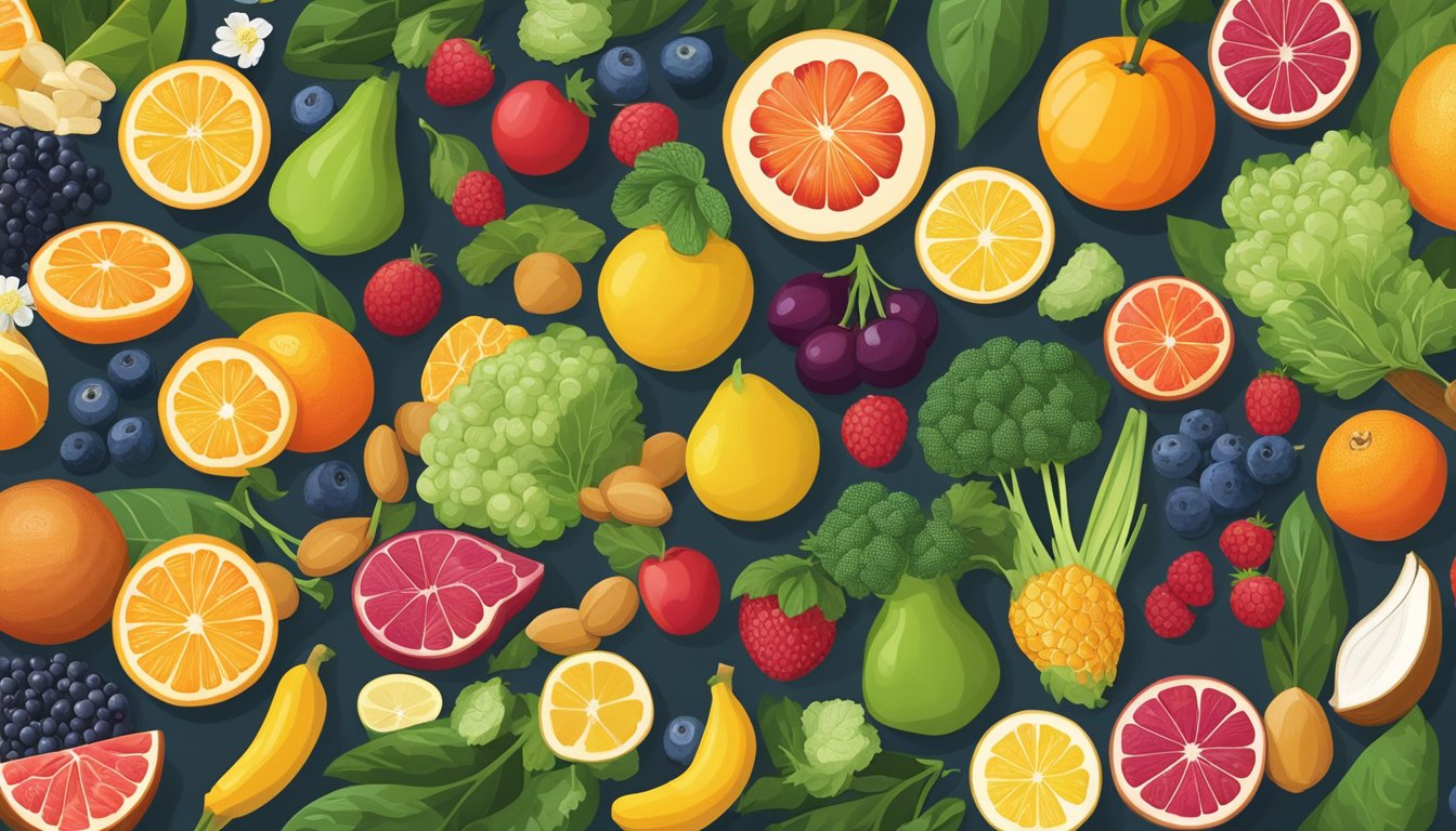 A colorful array of fruits, vegetables, nuts, and seeds arranged on a table, with a variety of immune-boosting foods like citrus, berries, and leafy greens