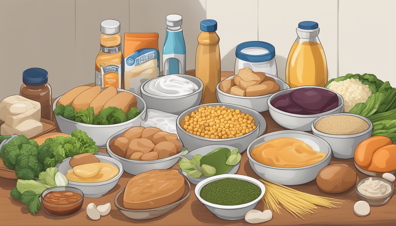 A variety of protein-rich foods surrounded by hidden sources of carbohydrates, such as sauces, dressings, and seasoning packets, on a kitchen countertop