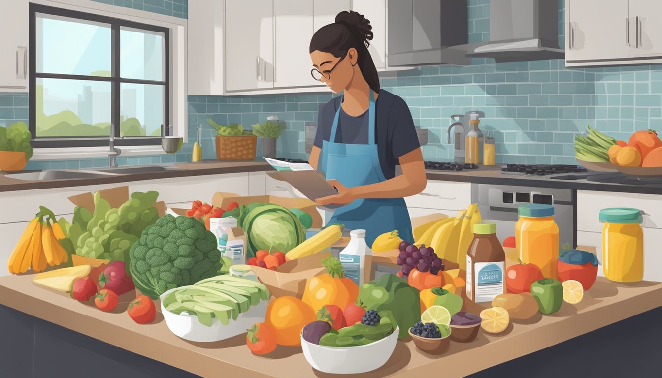 A kitchen counter with various food items spread out, including fruits, vegetables, and packaged goods. A person is examining nutrition labels and ingredients lists