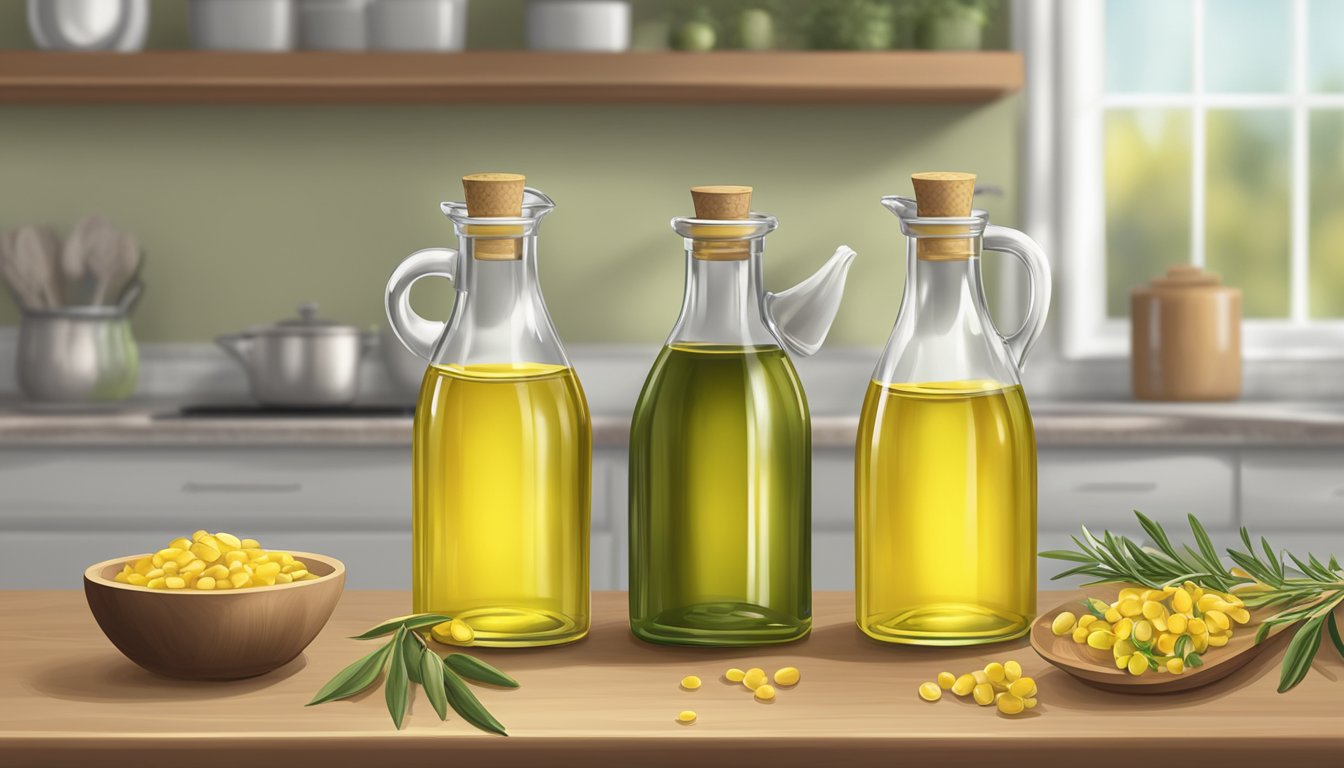 A kitchen scene with two bottles of oil, one labeled "canola oil" and the other labeled "olive oil", placed side by side on a countertop