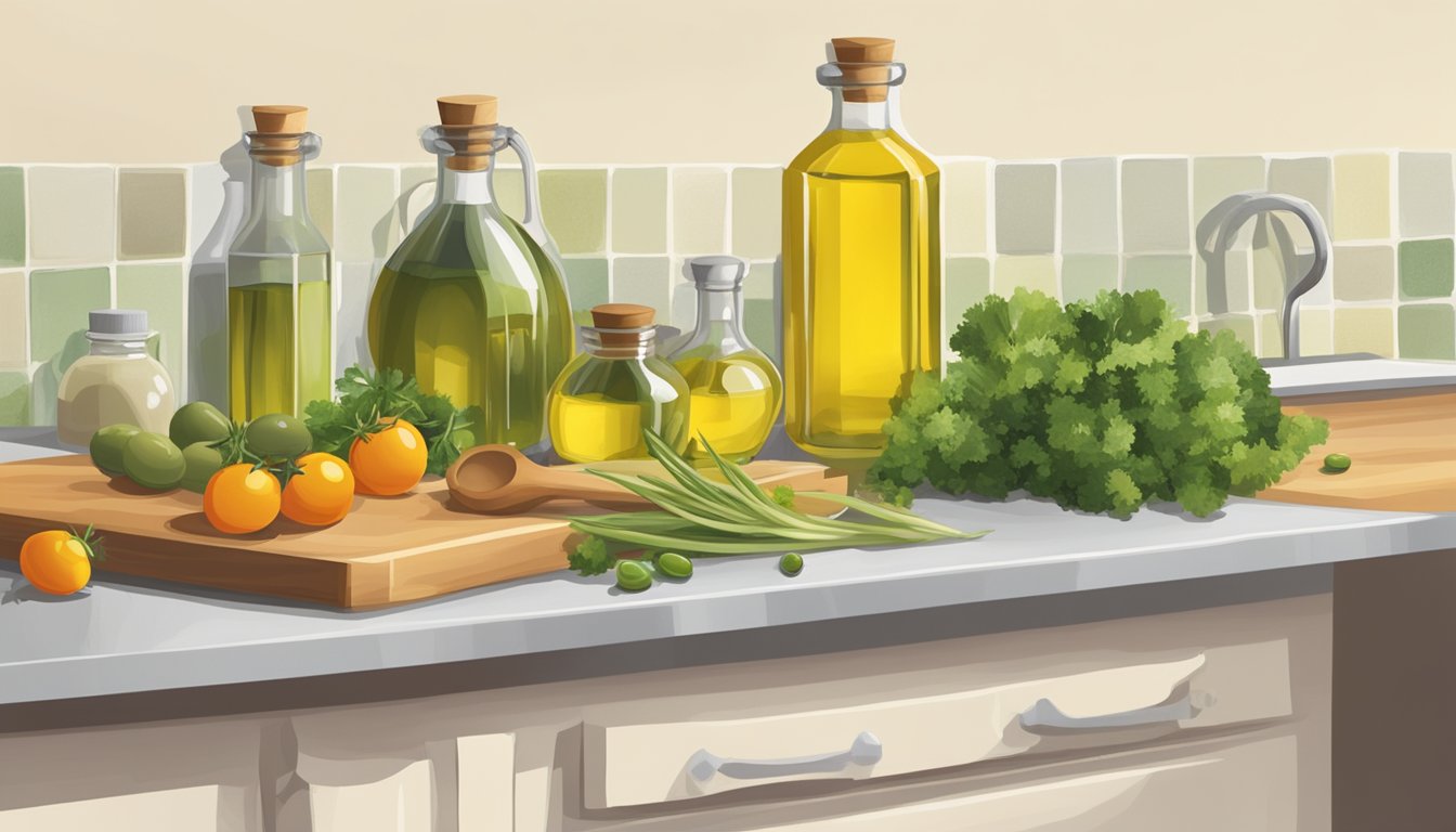 A kitchen counter with two bottles of oil, one canola and one olive, surrounded by fresh vegetables and a measuring spoon