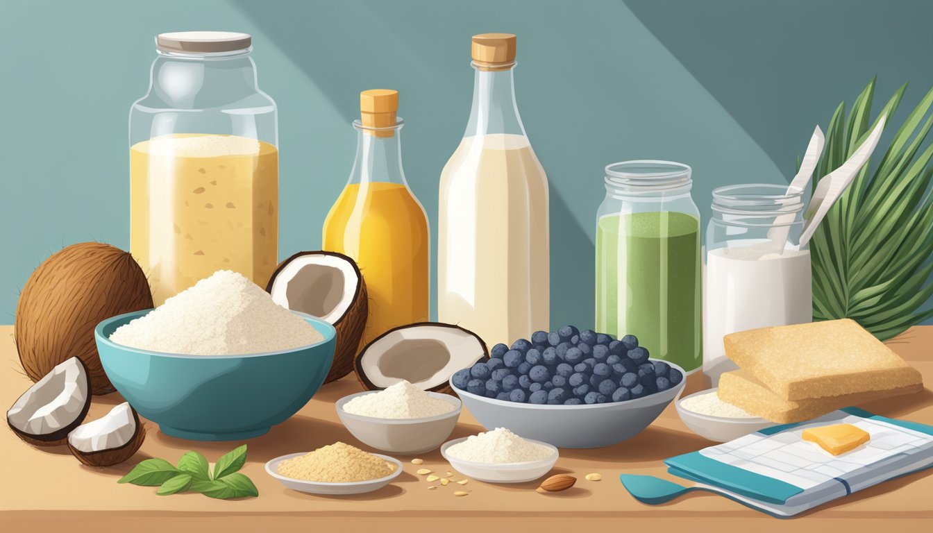 A kitchen counter with a variety of baking ingredients, including coconut flour and almond flour, alongside a keto diet cookbook