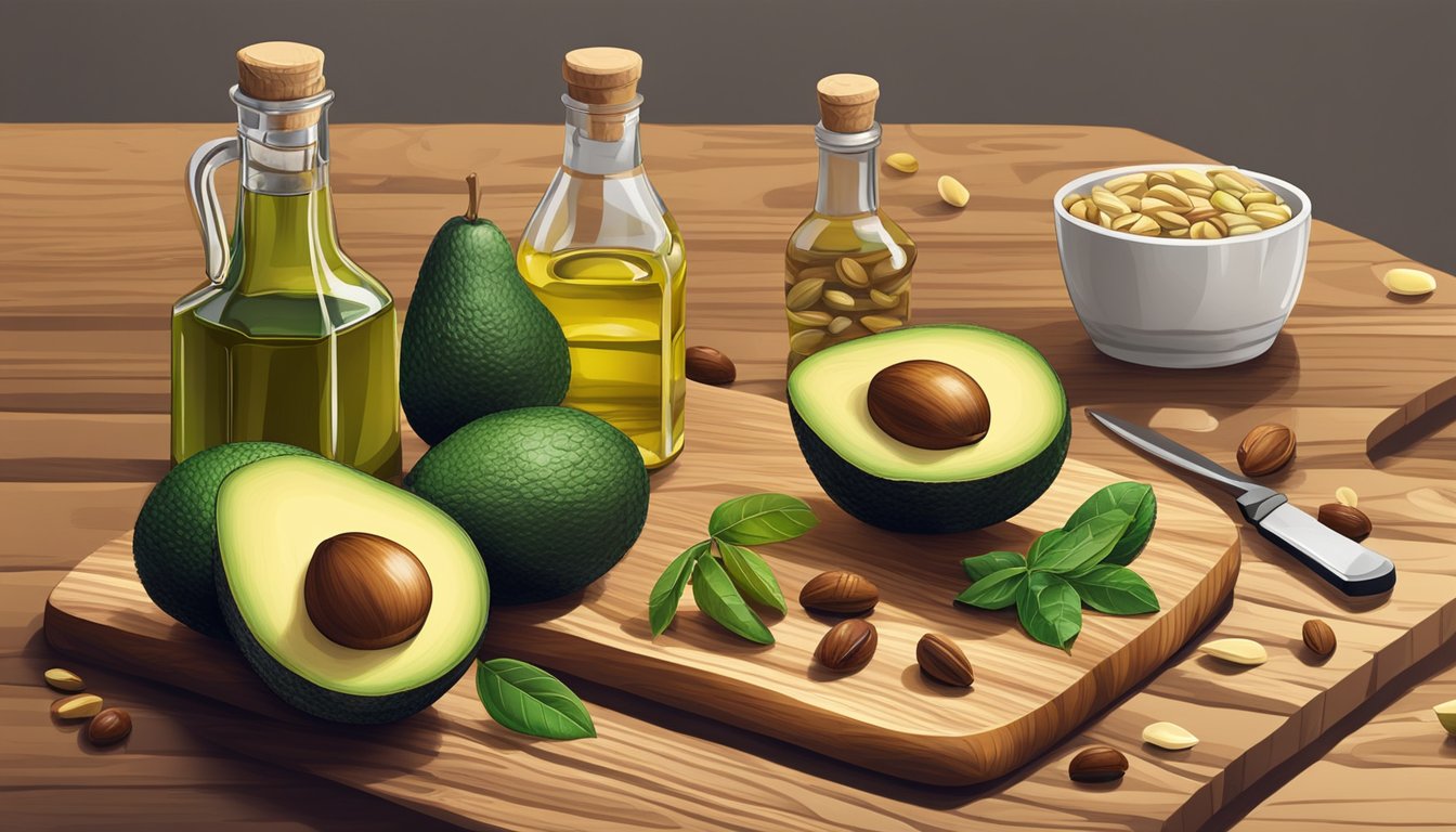 A variety of healthy fats such as avocados, nuts, seeds, and olive oil arranged on a wooden cutting board with a knife