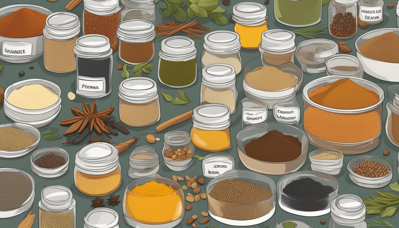 A variety of spices and seasonings scattered across a kitchen counter, with jars and bottles labeled with their names and nutritional information