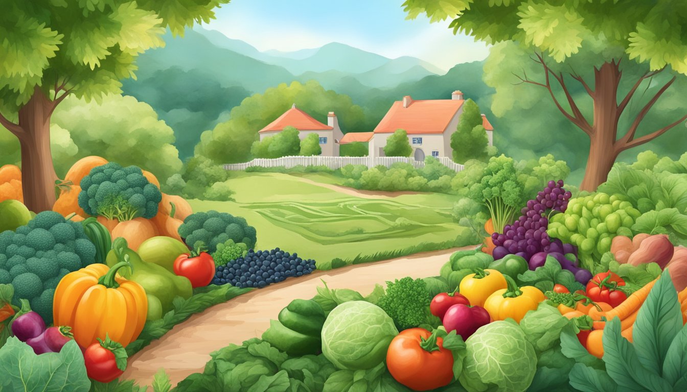 A serene garden with a variety of fresh vegetables and fruits, surrounded by peaceful nature, symbolizing a holistic approach to healing leaky gut through a keto diet and exploring gut health connections