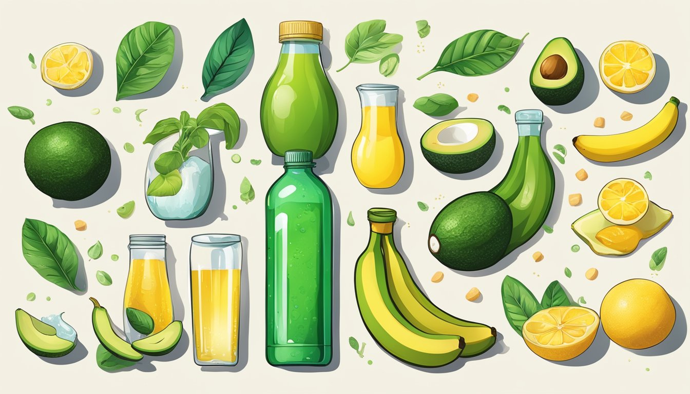 A colorful illustration of various electrolyte-rich foods and drinks, such as bananas, avocados, coconut water, and leafy greens, surrounded by symbols of energy and health