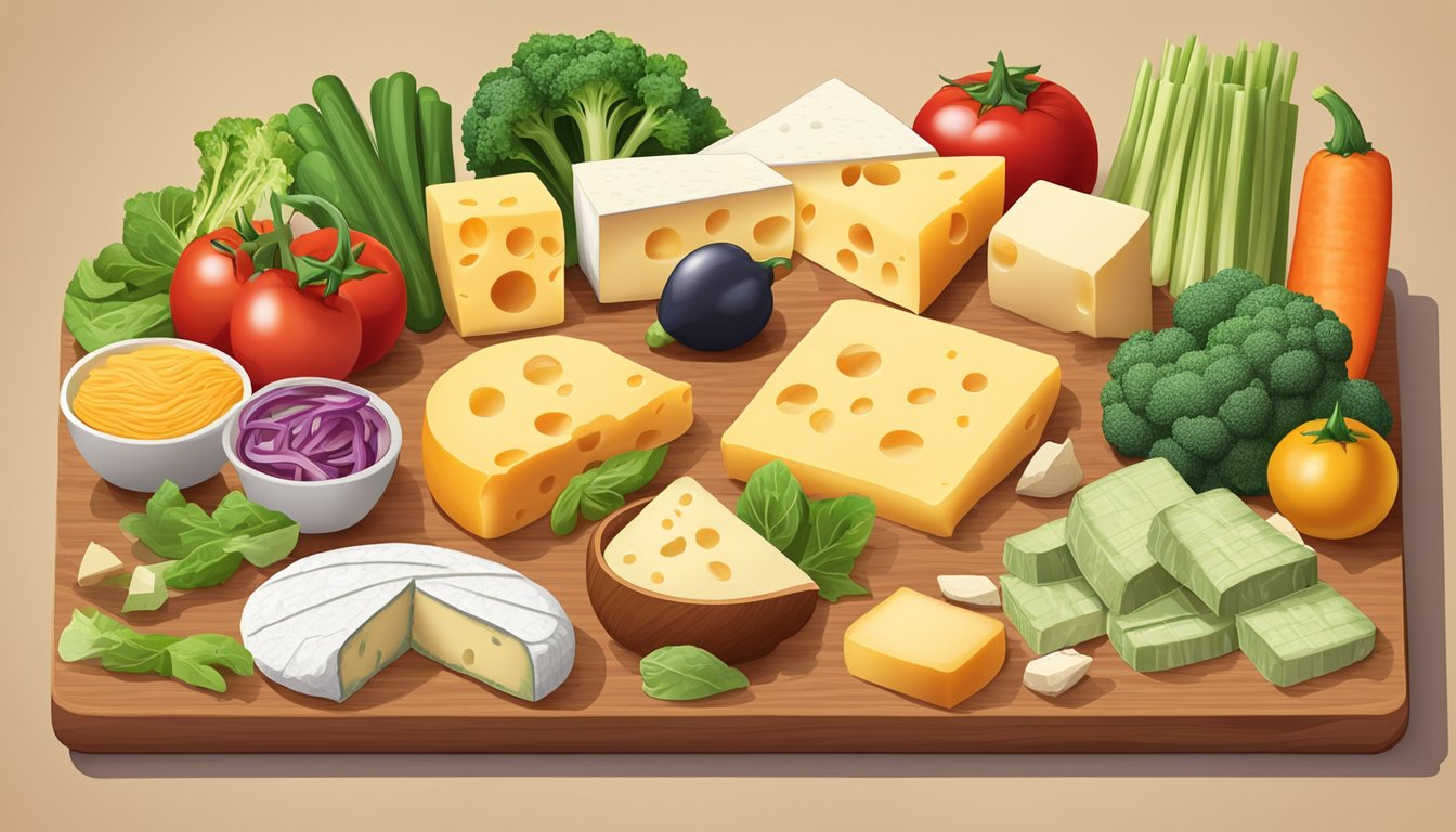 A variety of cheese wheels, blocks, and slices arranged on a wooden cutting board, surrounded by low-carb vegetables and other keto-friendly ingredients