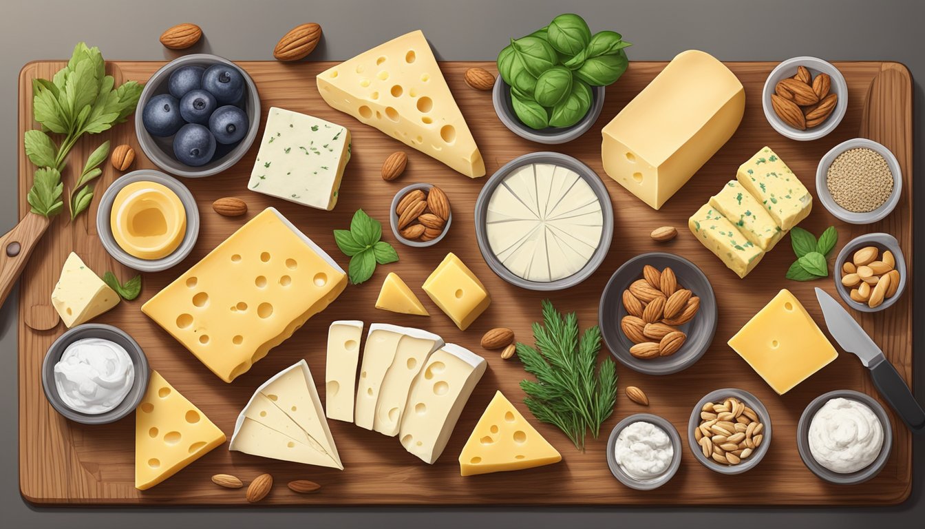 A variety of keto-friendly cheese types arranged on a wooden cutting board, surrounded by low carb accompaniments like nuts and fresh herbs