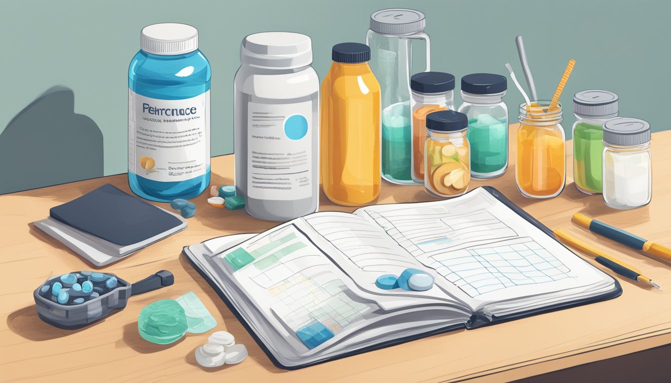 A kitchen counter with various electrolyte-rich foods and supplements arranged in an organized manner, alongside a water bottle and a notebook with health and performance notes