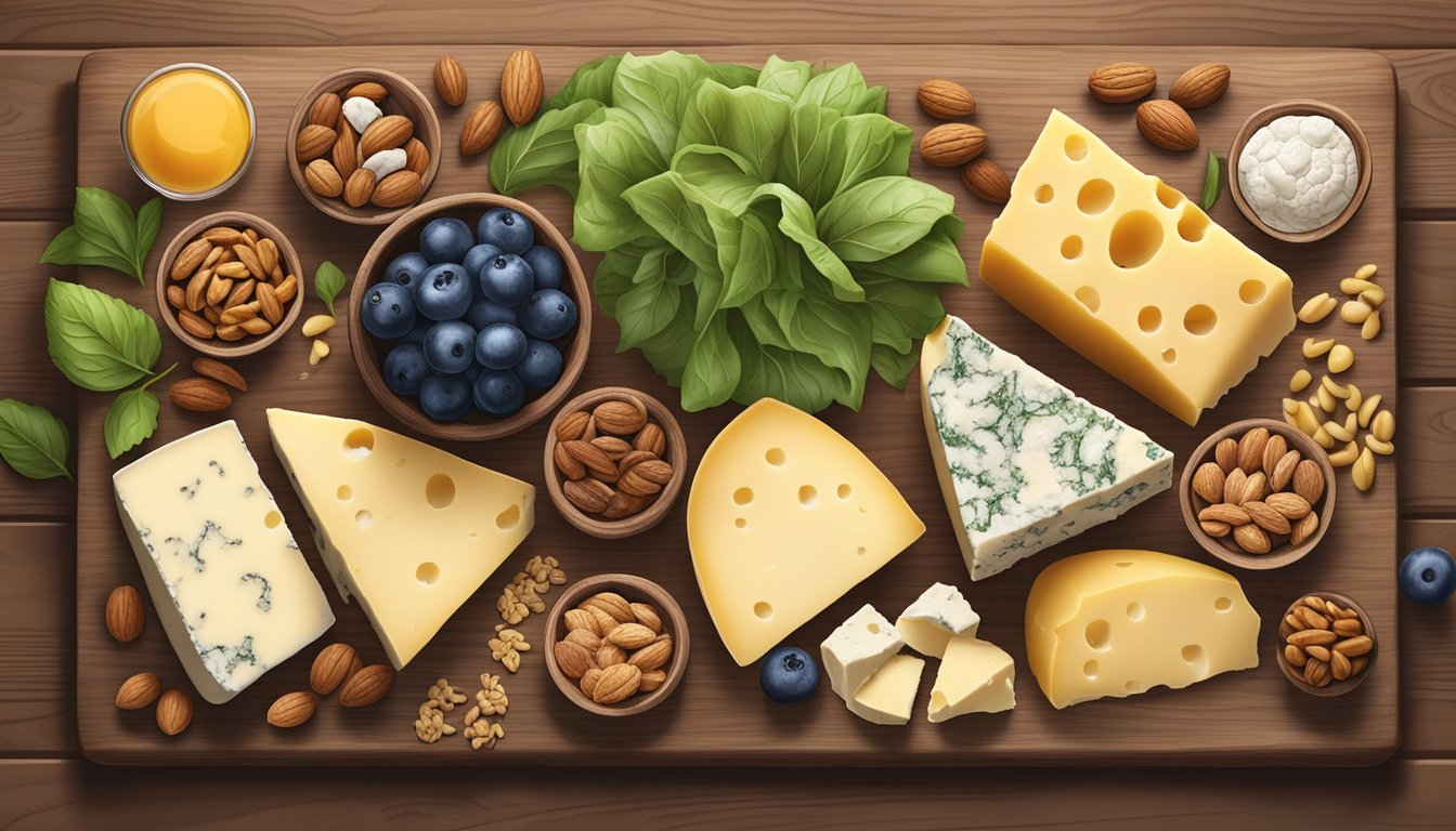 A rustic wooden board displaying an assortment of low-carb cheeses, surrounded by nuts, berries, and leafy greens