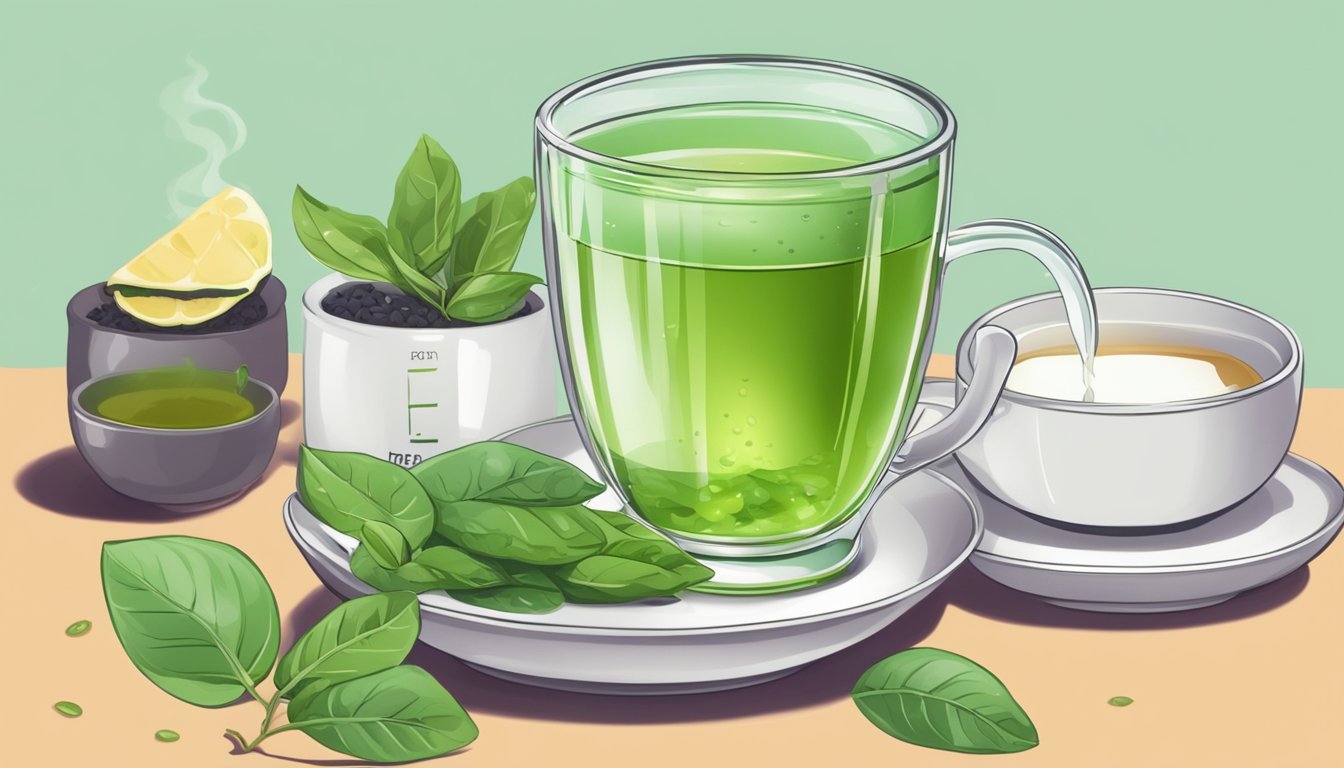 A steaming cup of green tea surrounded by fresh tea leaves and a keto diet food spread, with a ketosis meter in the background