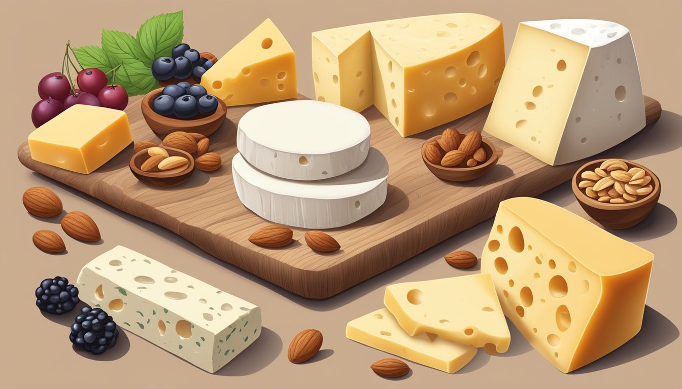 Various types of keto-friendly cheeses arranged on a wooden board, surrounded by low-carb accompaniments like nuts and berries