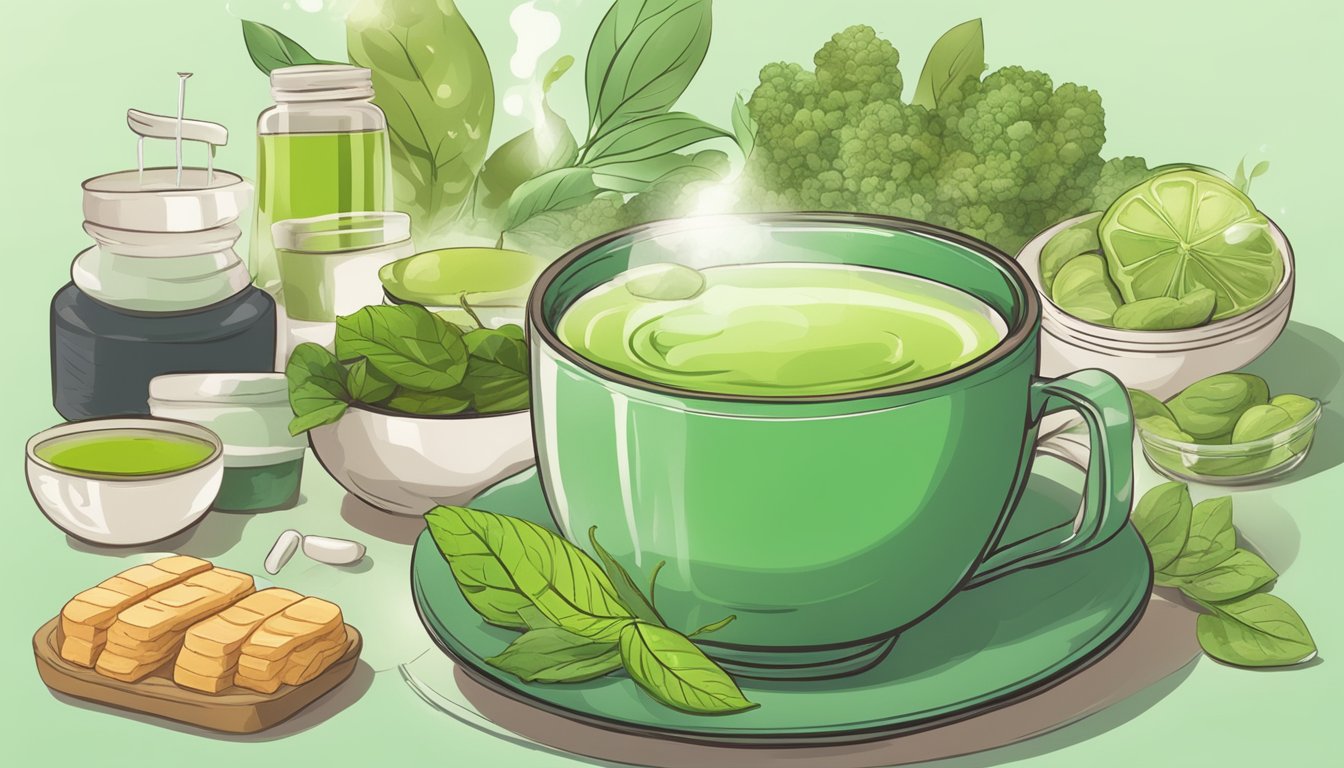 A steaming cup of green tea surrounded by keto-friendly foods and supplements, with a focus on the benefits and impact on ketosis