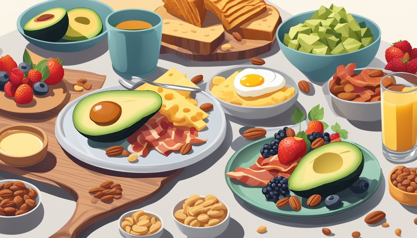 A breakfast table with a variety of keto-friendly foods such as avocados, bacon, cheese, nuts, and berries, arranged in an appealing and colorful display