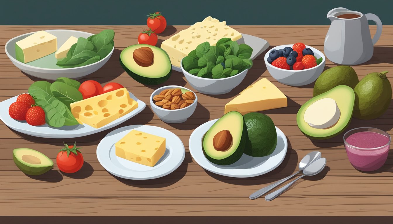 A colorful array of low carb breakfast items: avocado, spinach, tomatoes, cheese, nuts, and berries arranged on a wooden table