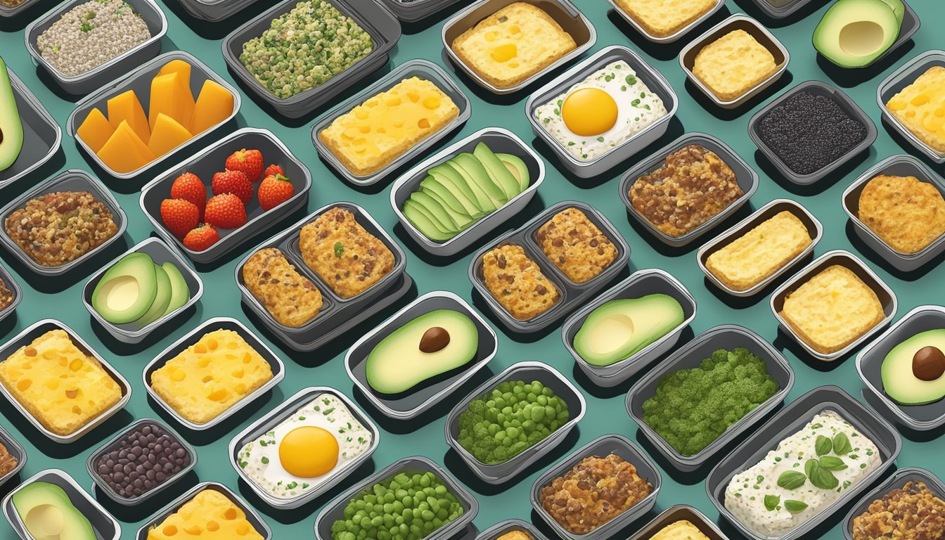 A colorful array of keto-friendly breakfast options, including avocado toast, chia seed pudding, and vegetable frittatas, neatly arranged in meal prep containers for on-the-go convenience