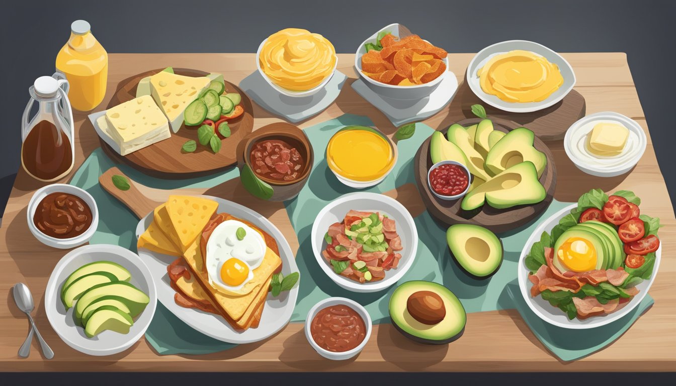 A breakfast table with a variety of condiments and toppings, such as avocado, cheese, bacon, and vegetables, arranged neatly on a low-carb spread