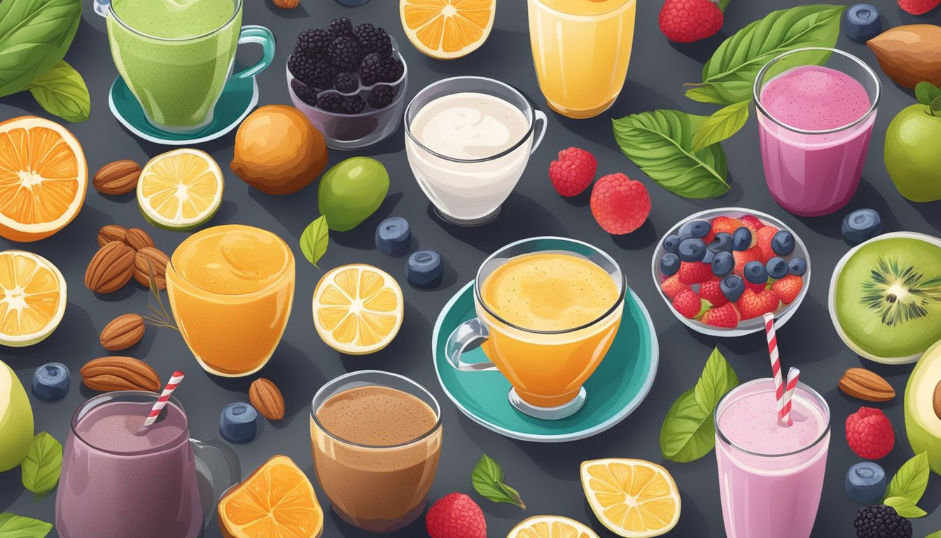 A table set with a variety of colorful keto breakfast beverages, including smoothies, bulletproof coffee, and herbal teas, surrounded by fresh fruits and nuts