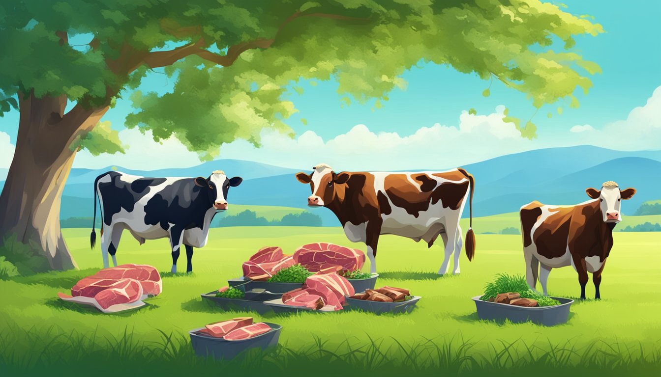 A pasture with grazing cows, surrounded by lush green grass and clear blue skies. A butcher's table piled with grass-fed meat cuts