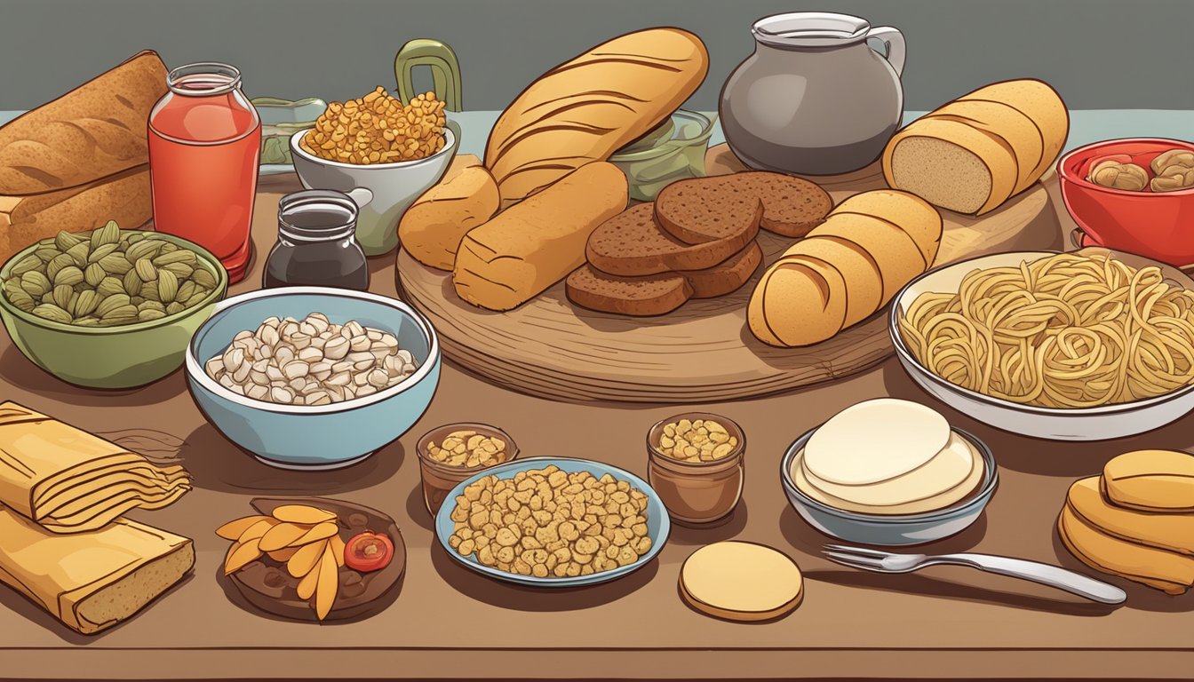 A table with a variety of foods such as bread, pasta, and sugary snacks, alongside a large red X over each item