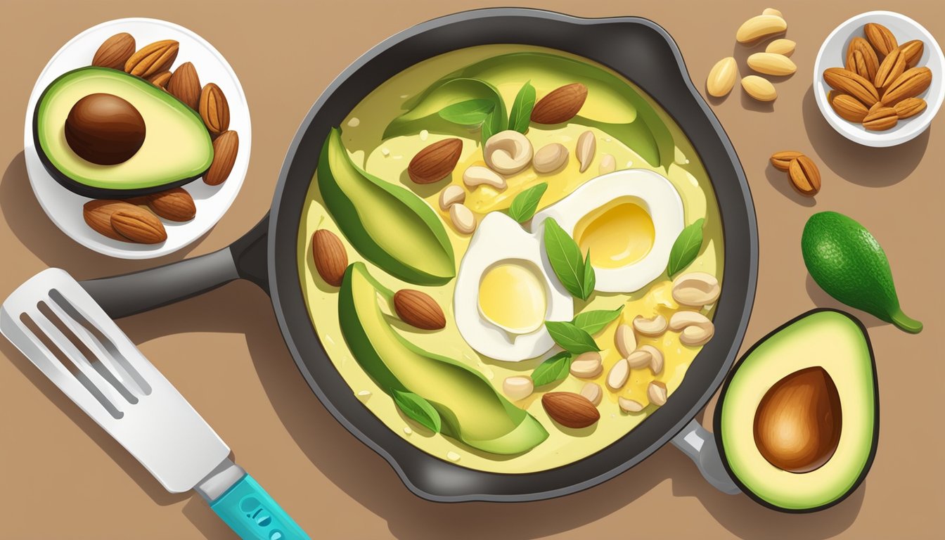 A sizzling pan with ghee and butter melting, surrounded by various fat sources like avocados and nuts, with a keto diet infographic in the background