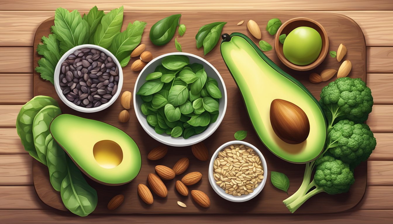 A colorful array of high-fiber keto-friendly foods, such as leafy greens, avocados, nuts, and seeds, arranged on a wooden cutting board