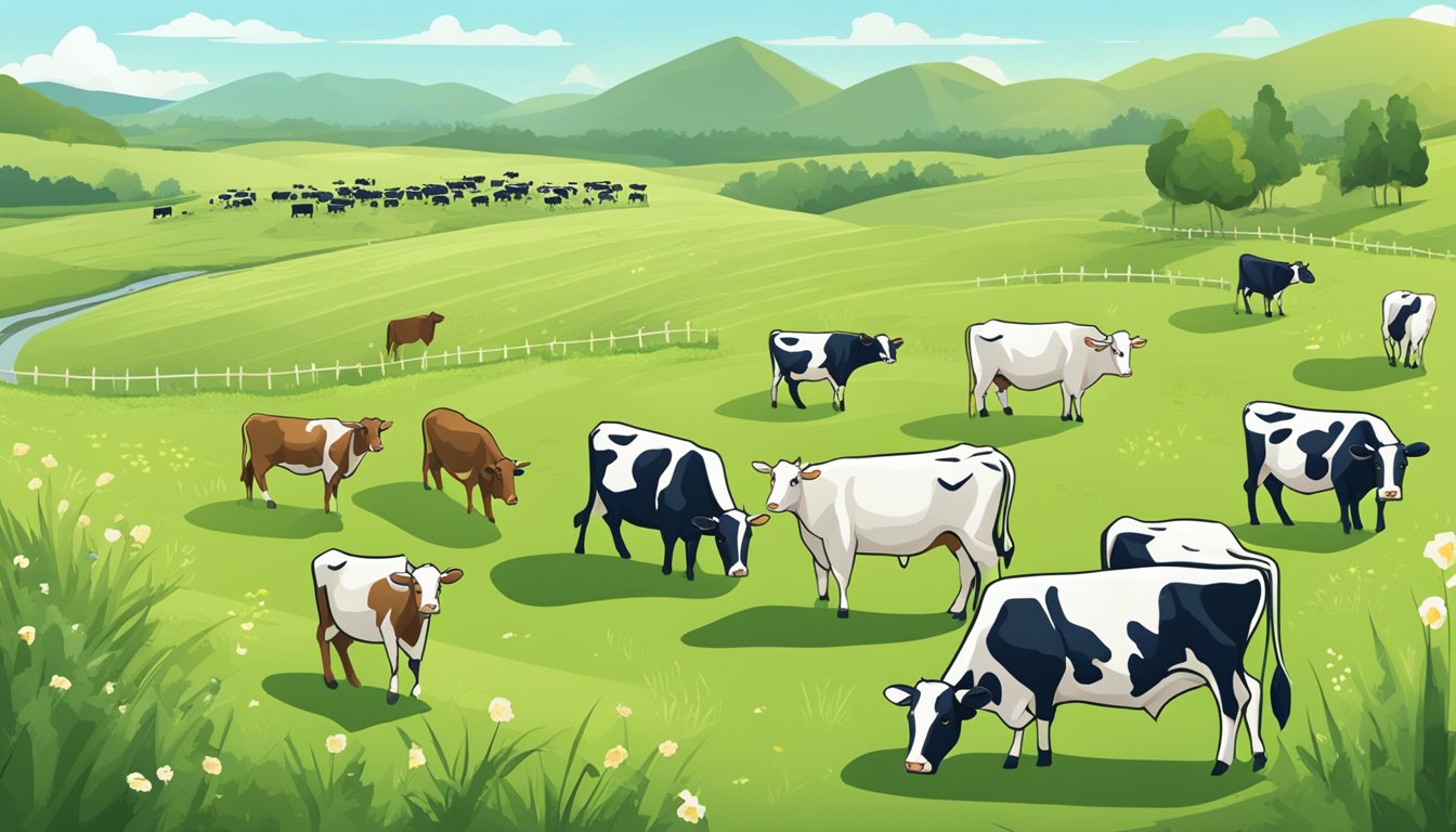 A grassy field with grazing cows, surrounded by informational signs about the benefits of grass-fed meat for a keto diet